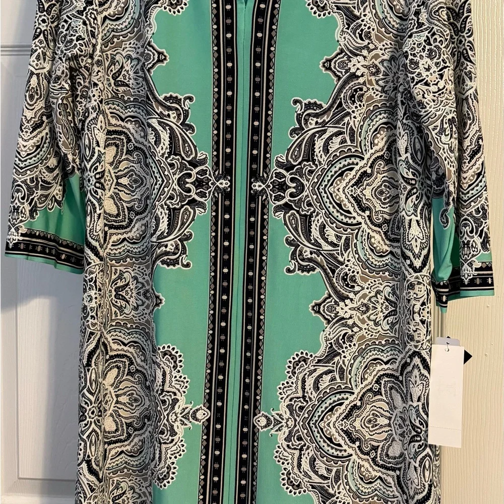 Studio One Teal and Black Ornate Long Sleeve Dress - Picture 1 of 3